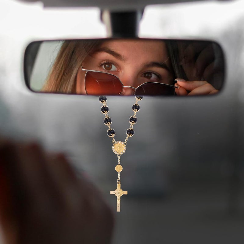 COBEE Car Rosary for Rearview Mirror, 2 Pieces Car Mirror Hanging Cross Auto Rosary Rear View Mirror Pendant Car Hanging Accessories Interior Decors for Women Men (Black Gold) - Image 2